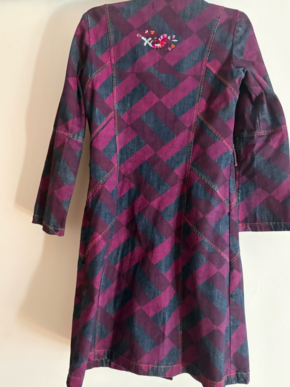 Custo Barcelona,Long Denim Coat with embroidered flowers and Purple - Picture 3 of 5